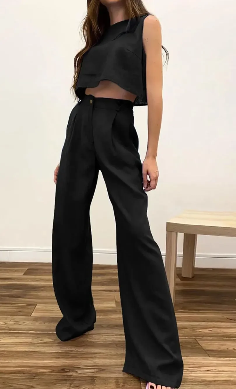Commense Black Two Piece Set High Rise Wide Leg Pants Crop Top M - Picture 1 of 6